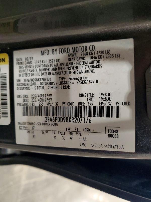 Продажа на аукционе авто 2019 Ford Fusion, vin: 3FA6P0D98KR207176, номер лота: 47812446