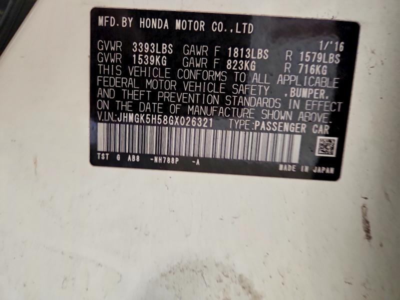 Aukcja sprzedaży 2016 Honda Fit, vin: JHMGK5H58GX026321, numer aukcji: 79088595