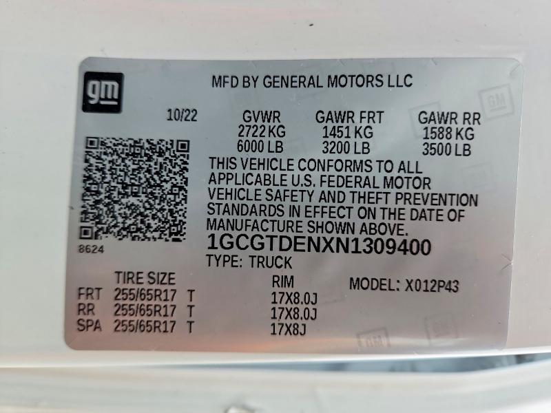 47949566 :رقم المزاد ، 1GCGTDENXN1309400 vin ، 2022 Chevrolet Colorado مزاد بيع