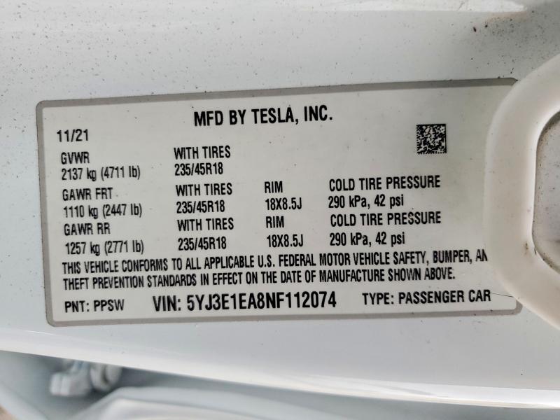 Aukcja sprzedaży 2022 Tesla Model 3, vin: 5YJ3E1EA8NF112074, numer aukcji: 48151726