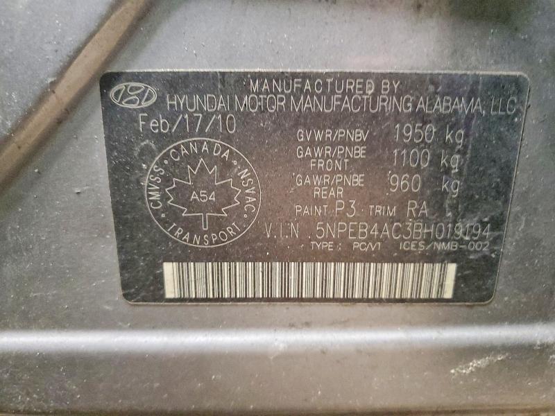 46166766 :رقم المزاد ، 5NPEB4AC3BH019194 vin ، 2011 Hyundai Sonata Gls 4dr مزاد بيع