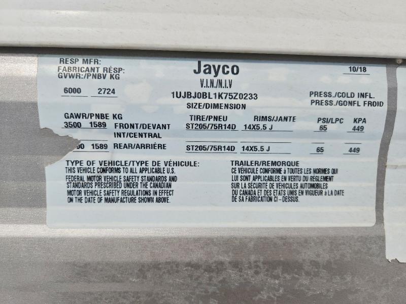 2019 Jayco Jayflight მანქანა იყიდება აუქციონზე, vin: 1UJBJ0BL1K75Z0233, აუქციონის ნომერი: 47999896