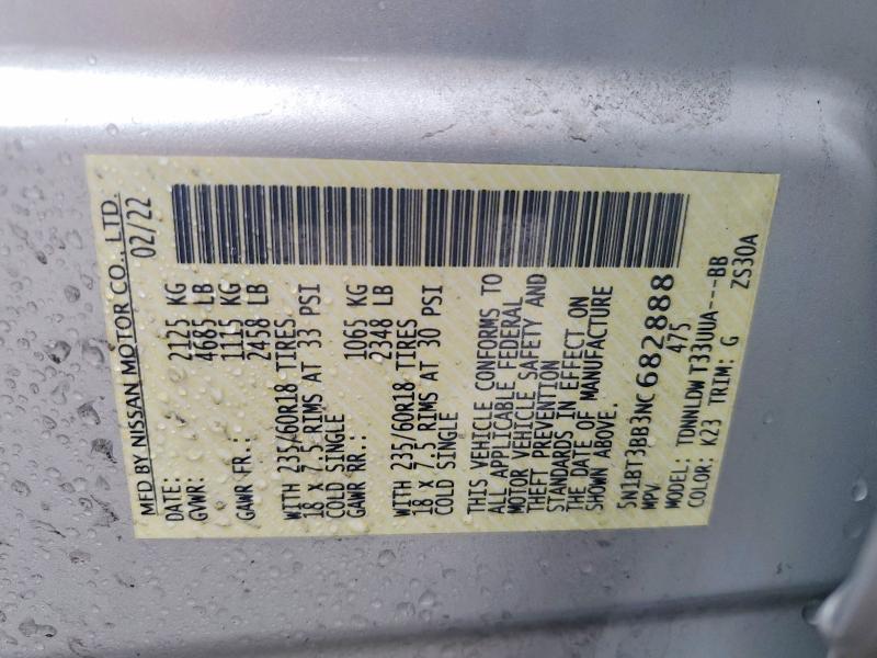 46209746 :رقم المزاد ، 5N1BT3BB3NC682888 vin ، 2022 Nissan Rogue مزاد بيع