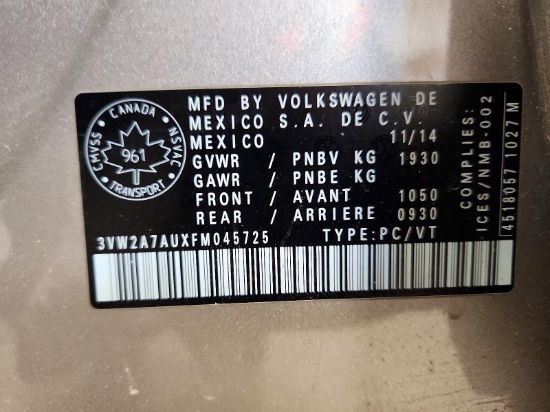 Aukcja sprzedaży 2015 Volkswagen Golf, vin: 3VW2A7AUXFM045725, numer aukcji: 78890545