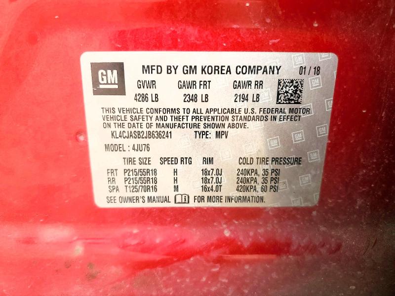 2018 Buick Encore მანქანა იყიდება აუქციონზე, vin: KL4CJASB2JB636241, აუქციონის ნომერი: 42051546
