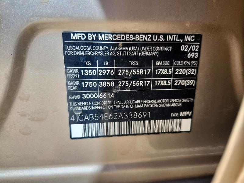 Auction sale of the 2002 Mercedes-benz Ml, vin: 4JGAB54E62A338691, lot number: 47130866