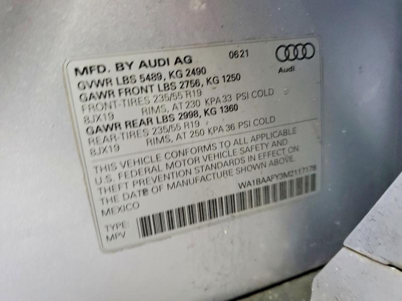 2021 Audi Q5 მანქანა იყიდება აუქციონზე, vin: WA1BAAFY3M2117178, აუქციონის ნომერი: 97758835