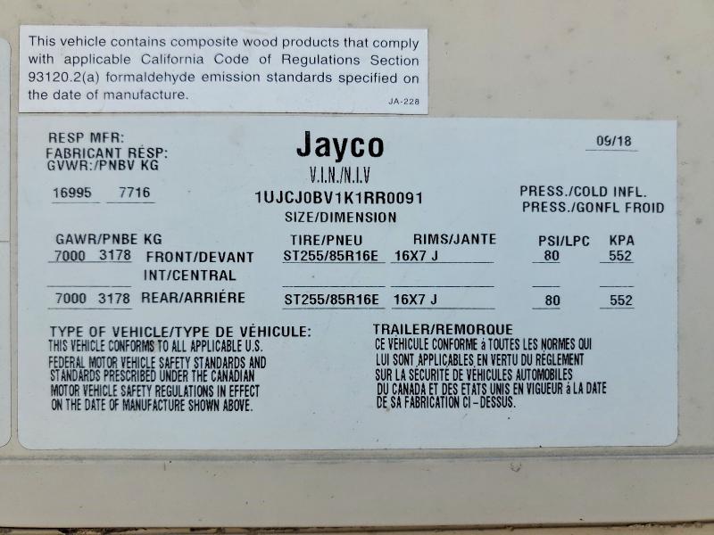 2019 Jayco Jayco მანქანა იყიდება აუქციონზე, vin: 1UJCJ0BV1K1RR0091, აუქციონის ნომერი: 46155566