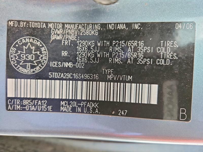 2006 Toyota Sienna მანქანა იყიდება აუქციონზე, vin: 5TDZA29C16S496316, აუქციონის ნომერი: 47231266