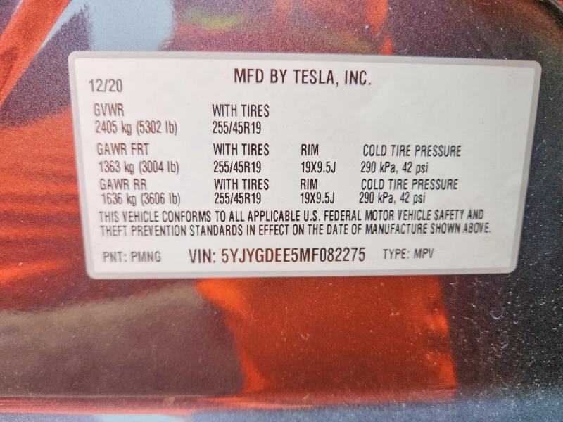 47394696 :رقم المزاد ، 5YJYGDEE5MF082275 vin ، 2021 Tesla Model Y مزاد بيع