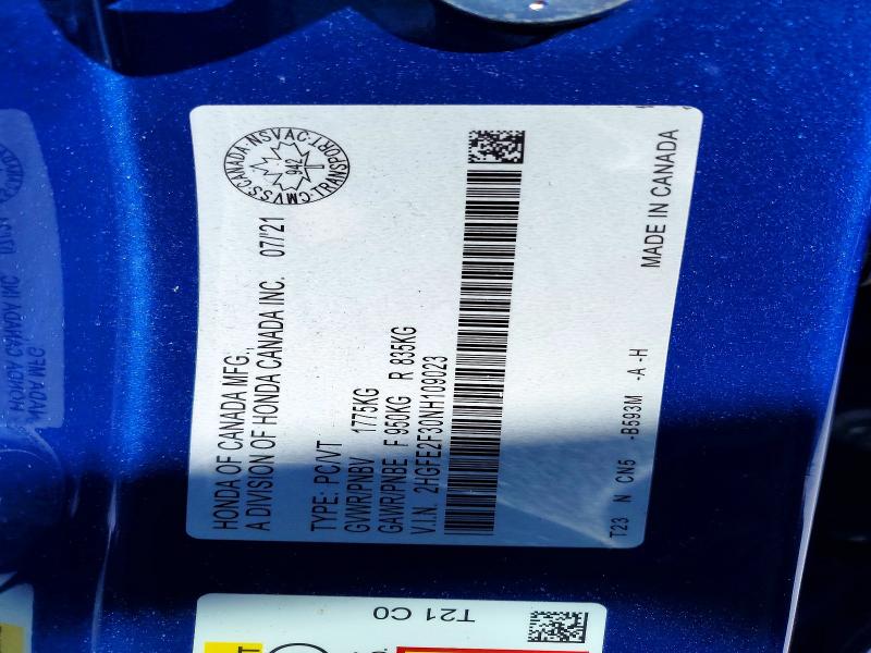 Продажа на аукционе авто 2022 Honda Civic, vin: 2HGFE2F30NH109023, номер лота: 78926455