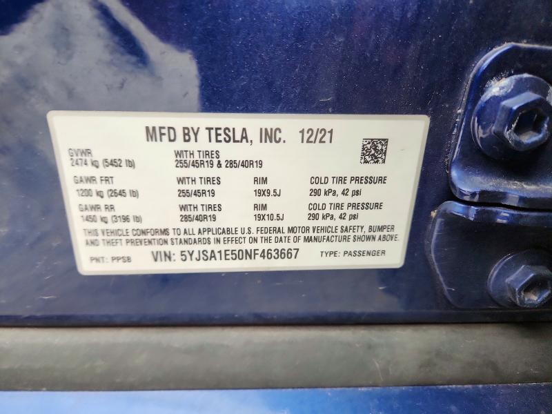 Продаж на аукціоні авто 2022 Tesla Model S, vin: 5YJSA1E50NF463667, номер лоту: 46381656