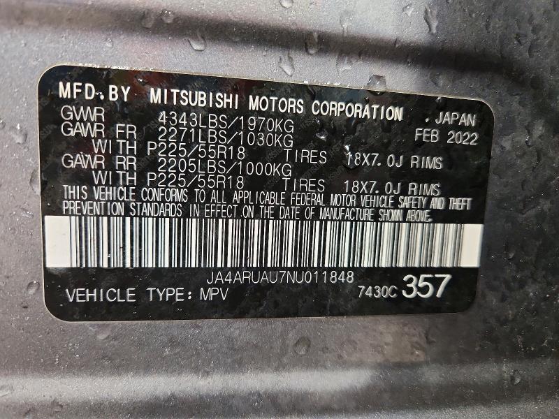 2022 Mitsubishi Outlander Sport მანქანა იყიდება აუქციონზე, vin: JA4ARUAU7NU011848, აუქციონის ნომერი: 46555646
