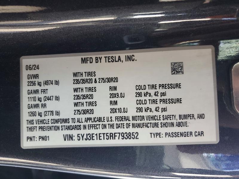42055116 :رقم المزاد ، 5YJ3E1ET5RF793852 vin ، 2024 Tesla Model 3 مزاد بيع