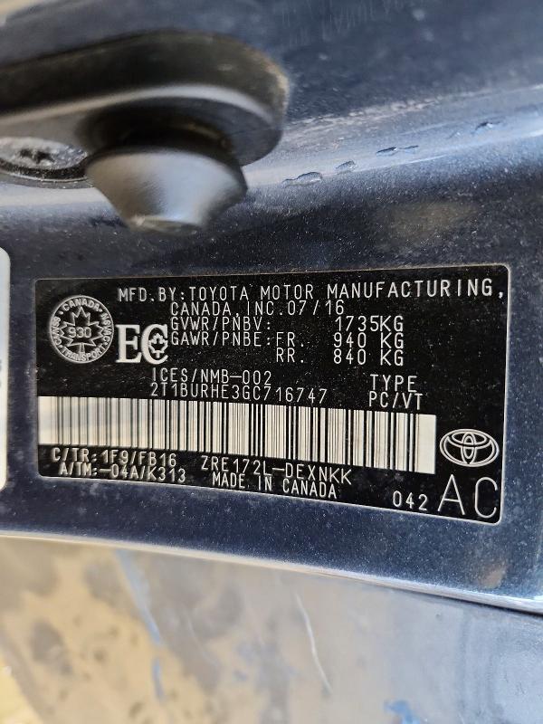 45593736 :رقم المزاد ، 2T1BURHE3GC716747 vin ، 2016 Toyota Corolla مزاد بيع