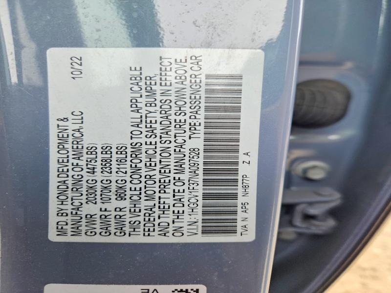 47387726 :رقم المزاد ، 1HGCV1F37NA097528 vin ، 2022 Honda Accord مزاد بيع