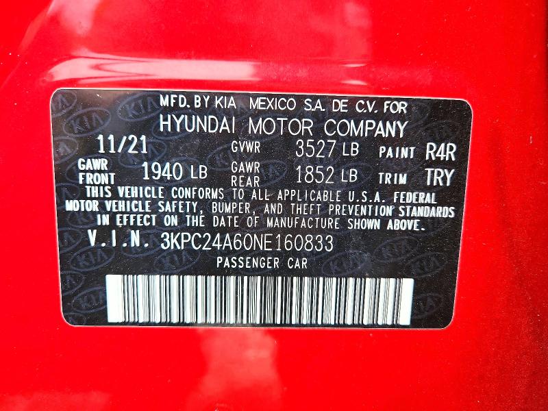 Продаж на аукціоні авто 2022 Hyundai Accent, vin: 3KPC24A60NE160833, номер лоту: 45533406