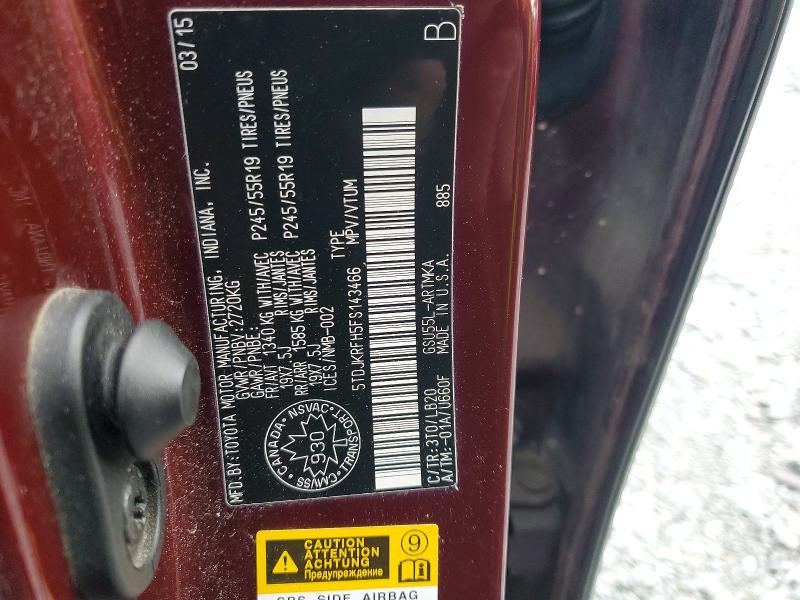 46442626 :رقم المزاد ، 5TDJKRFH5FS143466 vin ، 2015 Toyota Highlander مزاد بيع