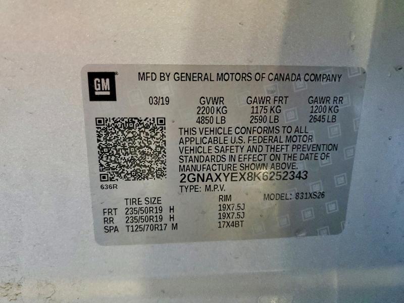 2019 Chevrolet Equinox მანქანა იყიდება აუქციონზე, vin: 2GNAXYEX8K6252343, აუქციონის ნომერი: 47386296