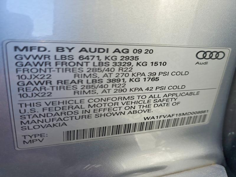 2021 Audi Q8 მანქანა იყიდება აუქციონზე, vin: WA1FVAF15MD008881, აუქციონის ნომერი: 47236436