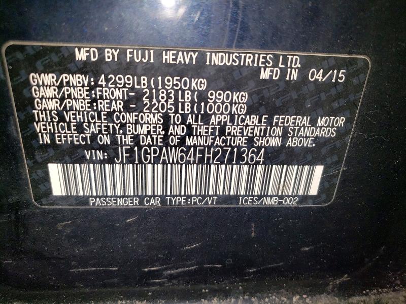 2015 Subaru Impreza მანქანა იყიდება აუქციონზე, vin: JF1GPAW64FH271364, აუქციონის ნომერი: 78125705