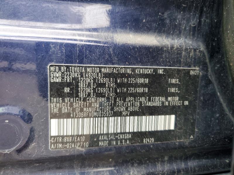 Продажа на аукционе авто 2021 Toyota Rav4 Hybrid, vin: 4T3D6RFV0MU035937, номер лота: 47644966