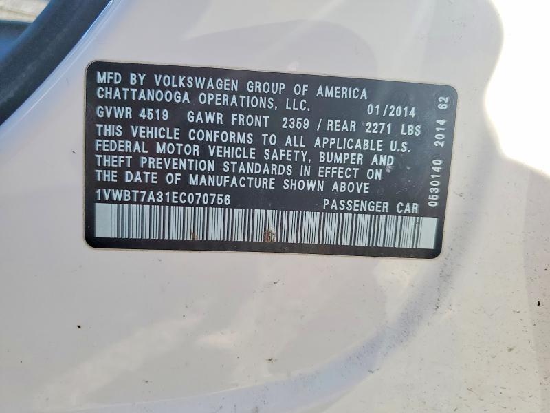 Продаж на аукціоні авто 2014 Volkswagen Passat, vin: 1VWBT7A31EC070756, номер лоту: 47211786