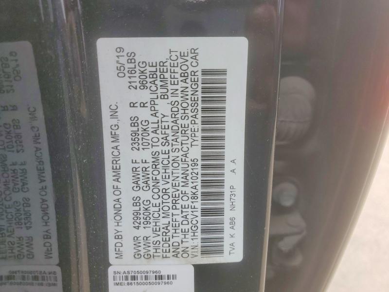 Продажа на аукционе авто 2019 Honda Accord, vin: 1HGCV1F18KA102195, номер лота: 79757195
