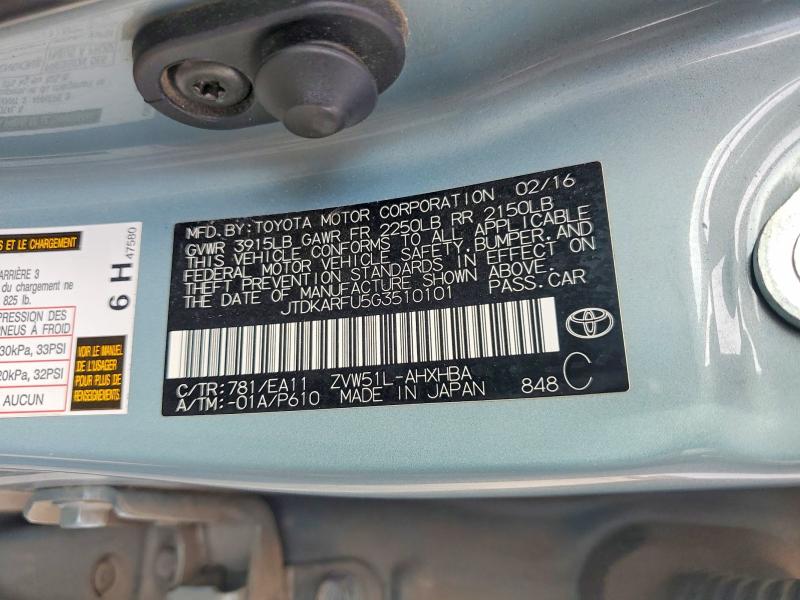 Продажа на аукционе авто 2016 Toyota Prius, vin: JTDKARFU5G3510101, номер лота: 45557166