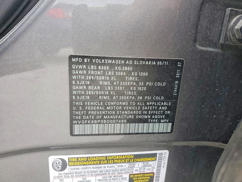 Продаж на аукціоні авто 2011 Volkswagen Touareg, vin: WVGFK9BP3BD007485, номер лоту: 47305776