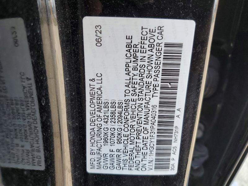 Продаж на аукціоні авто 2023 Honda Accord, vin: 1HGCY1F31PA040316, номер лоту: 47410866