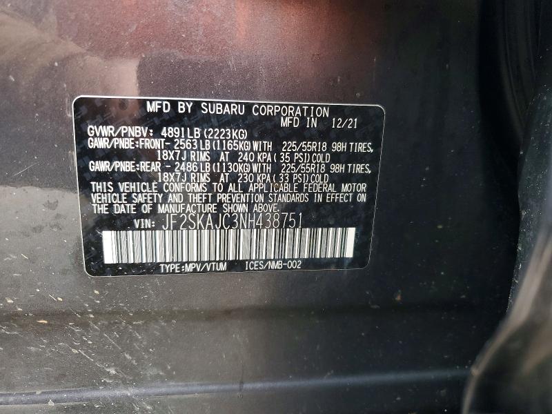 79559365 :رقم المزاد ، JF2SKAJC3NH438751 vin ، 2022 Subaru Forester مزاد بيع