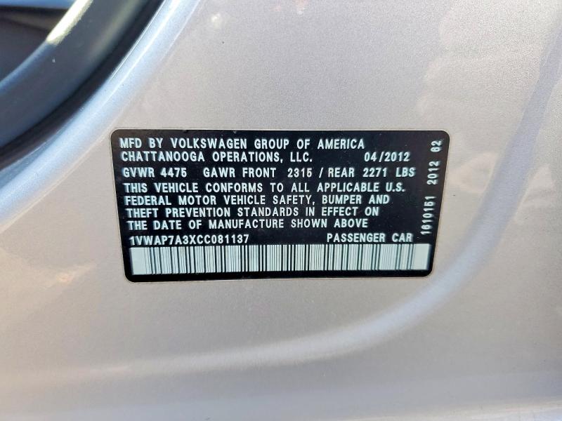 Продажа на аукционе авто 2012 Volkswagen Passat, vin: 1VWAP7A3XCC081137, номер лота: 46718516