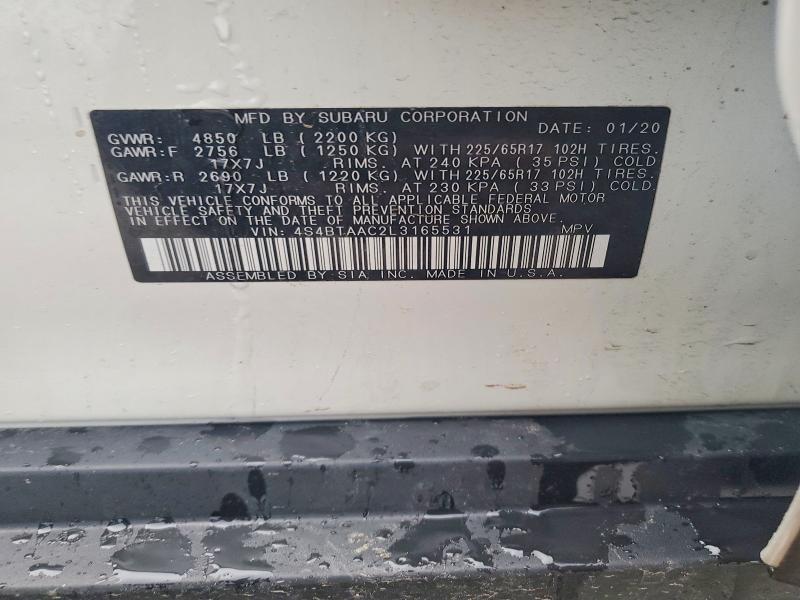2020 Subaru Outback მანქანა იყიდება აუქციონზე, vin: 4S4BTAAC2L3165531, აუქციონის ნომერი: 47200036