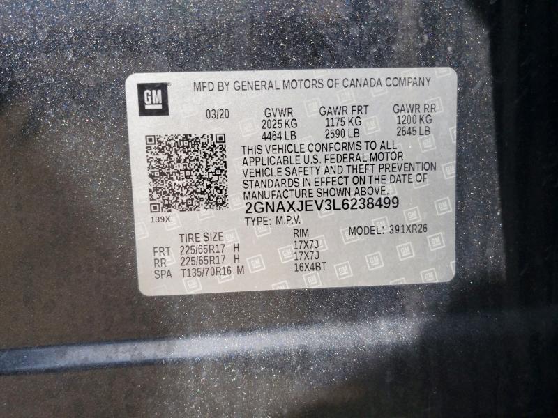 48116136 :رقم المزاد ، 2GNAXJEV3L6238499 vin ، 2020 Chevrolet Equinox مزاد بيع