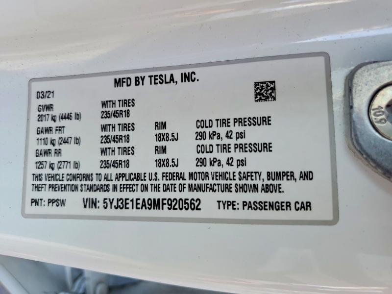 41837876 :رقم المزاد ، 5YJ3E1EA9MF920562 vin ، 2021 Tesla Model 3 مزاد بيع