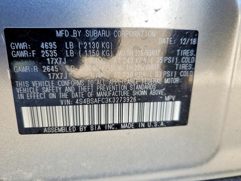 Aukcja sprzedaży 2019 Subaru Outback, vin: 4S4BSAFC3K3273926, numer aukcji: 46109446