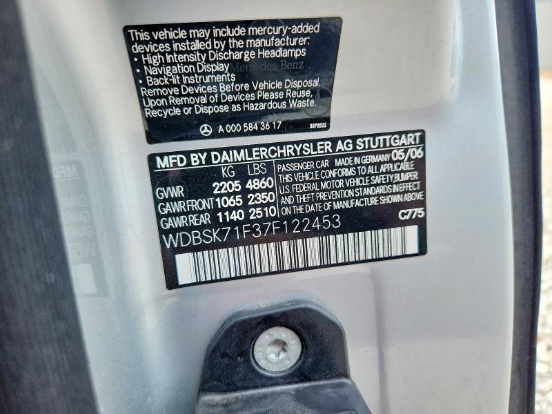 2007 Mercedes-benz Sl მანქანა იყიდება აუქციონზე, vin: WDBSK71F37F122453, აუქციონის ნომერი: 41923686