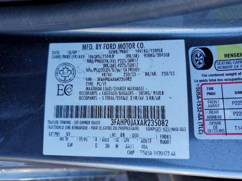 Aukcja sprzedaży 2010 Ford Fusion, vin: 3FAHP0JAXAR235082, numer aukcji: 78256945