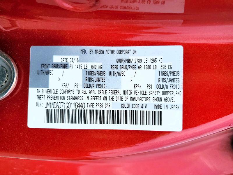 Продаж на аукціоні авто 2016 Mazda Mx-5 Miata, vin: JM1NDAD71G0116440, номер лоту: 45446036