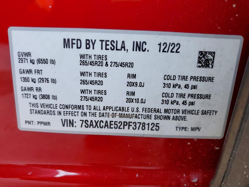 79428525 :رقم المزاد ، 7SAXCAE52PF378125 vin ، 2023 Tesla Model X مزاد بيع