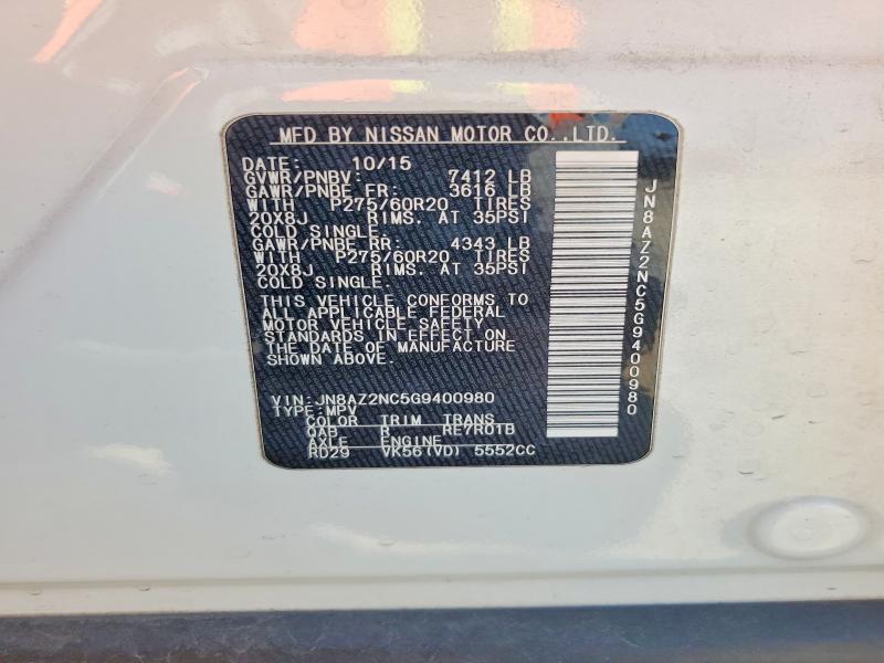 47297436 :رقم المزاد ، JN8AZ2NC5G9400980 vin ، 2016 Infiniti Qx80 مزاد بيع