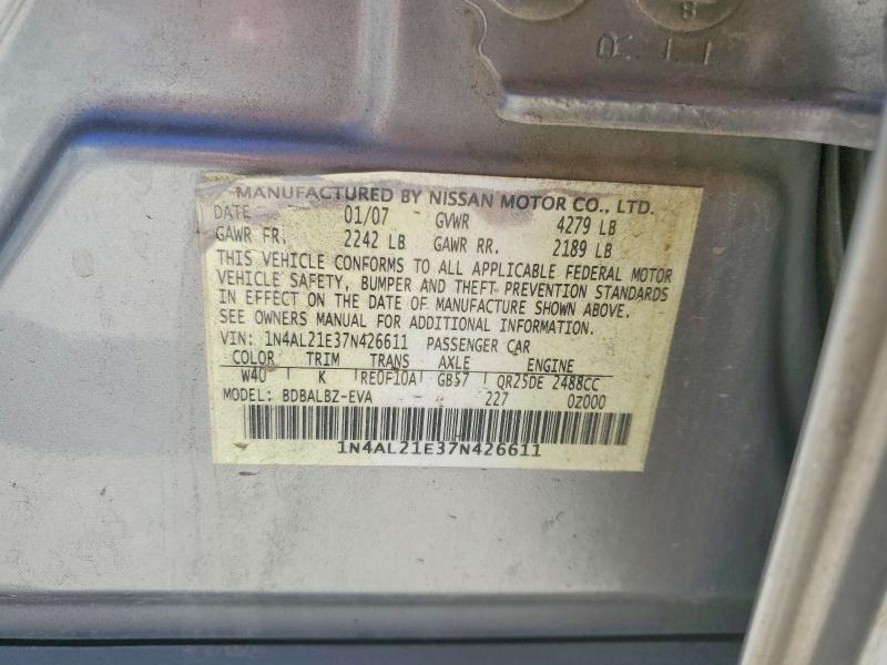 2007 Nissan Altima მანქანა იყიდება აუქციონზე, vin: 1N4AL21E37N426611, აუქციონის ნომერი: 45852106