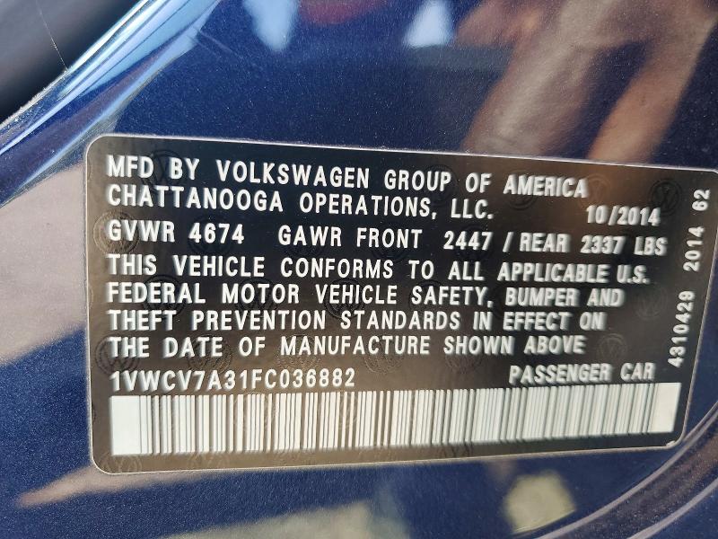 Продажа на аукционе авто 2015 Volkswagen Passat, vin: 1VWCV7A31FC036882, номер лота: 46897096