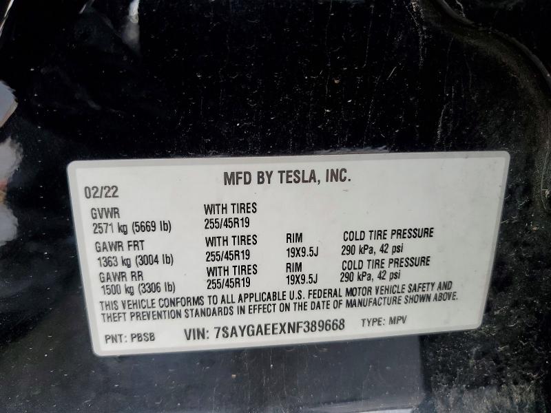 2022 Tesla Model Y მანქანა იყიდება აუქციონზე, vin: 7SAYGAEEXNF389668, აუქციონის ნომერი: 41600156