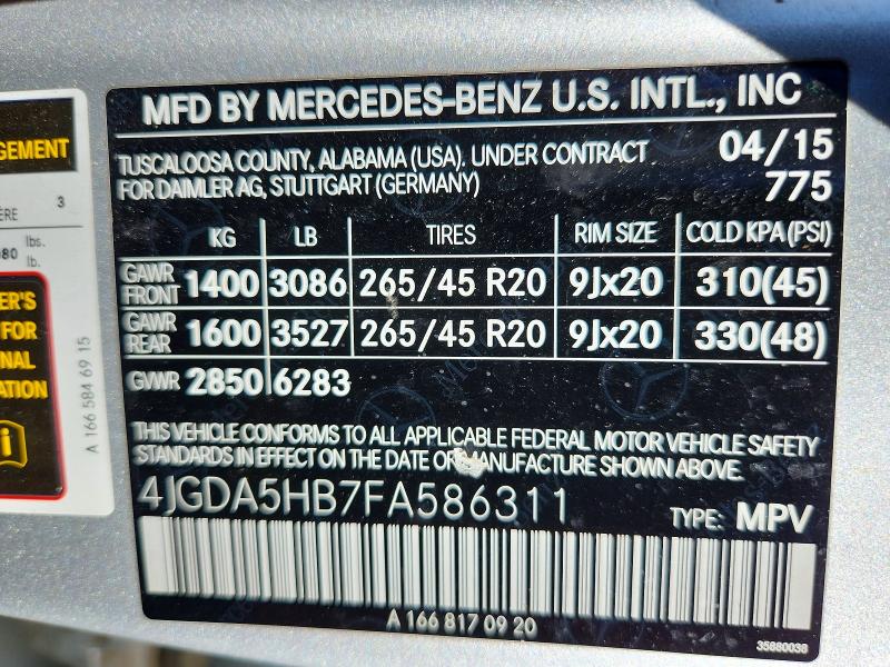 Продаж на аукціоні авто 2015 Mercedes-benz Ml, vin: 4JGDA5HB7FA586311, номер лоту: 79967985