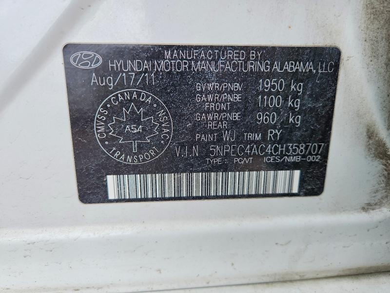 Продаж на аукціоні авто 2012 Hyundai Sonata, vin: 5NPEC4AC4CH358707, номер лоту: 46681736