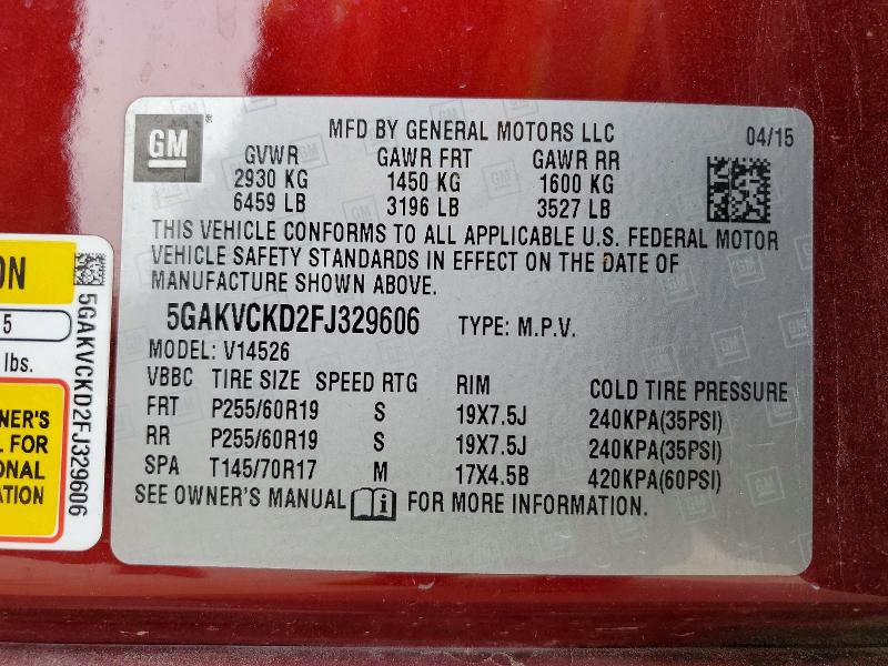 46620286 :رقم المزاد ، 5GAKVCKD2FJ329606 vin ، 2015 Buick Enclave مزاد بيع