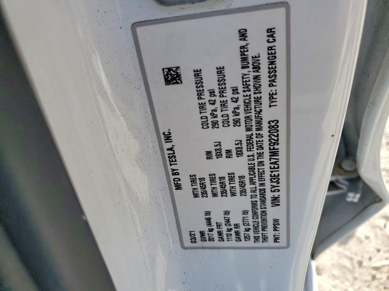 47277556 :رقم المزاد ، 5YJ3E1EA7MF922083 vin ، 2021 Tesla Model 3 مزاد بيع