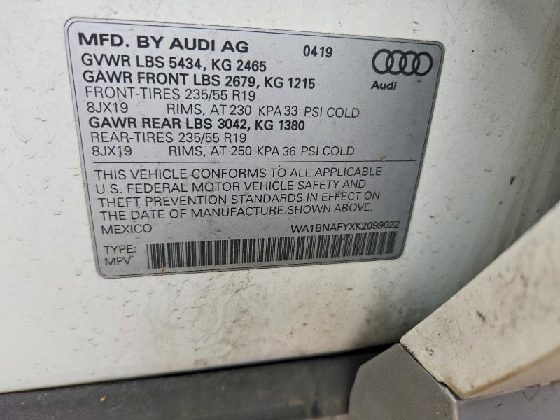 2019 Audi Q5 მანქანა იყიდება აუქციონზე, vin: WA1BNAFYXK2099022, აუქციონის ნომერი: 47110836
